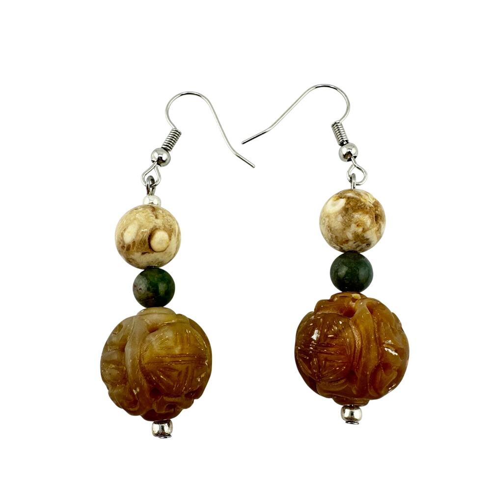Carved Jadeite Aenturine Jasper Neutral Beaded Dangle Drop 2" Earrings
